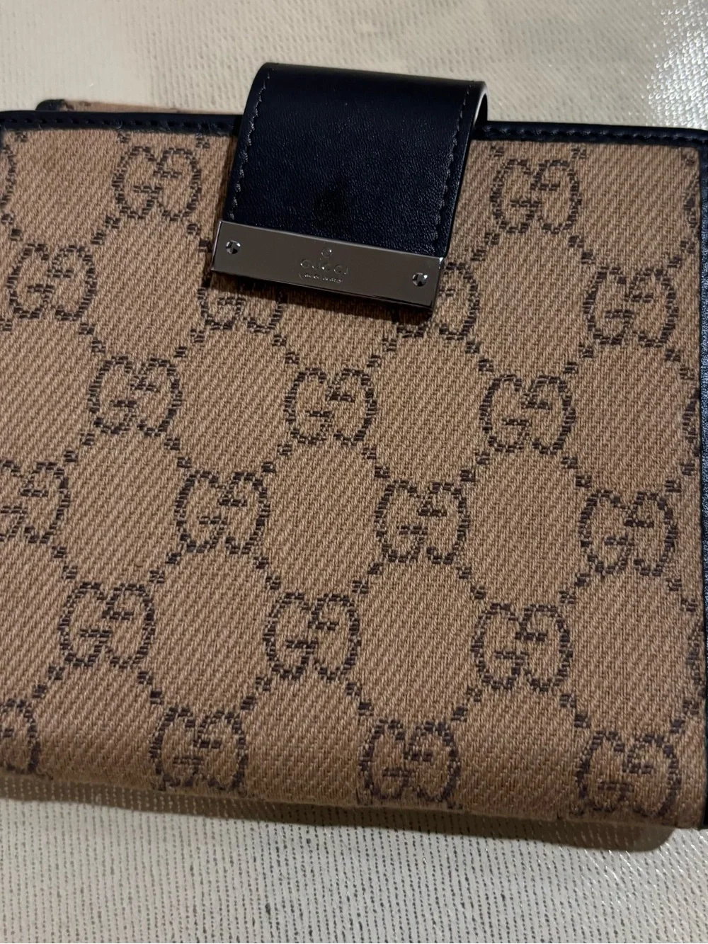 Gucci Beige Brown Monogram Wallet with Black Leather Snap